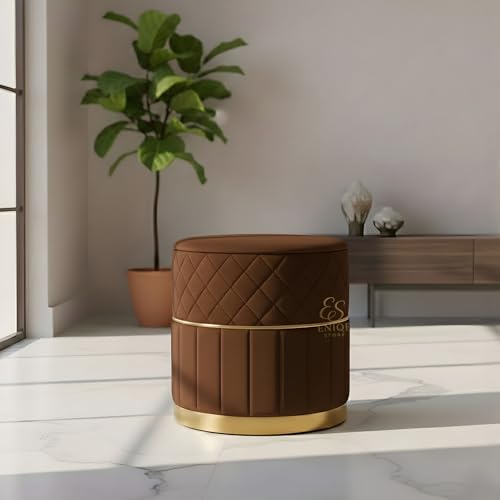 Image of ENIQE STORE Set of 2 Round Velvet Ottoman Footstool Gold Base - Tufted Upholstered Pouffe Stool for Living Room, Bedroom & Dressing Area (Brown)