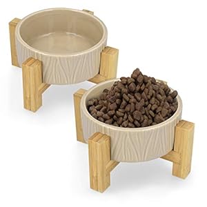 Navaris 2X Futternapf Katze mit Bambus Halter – Futterstation 2X Keramiknapf für Katzen Hunde – Keramik Fressnapf Set Futterbar mit Holz Halterung