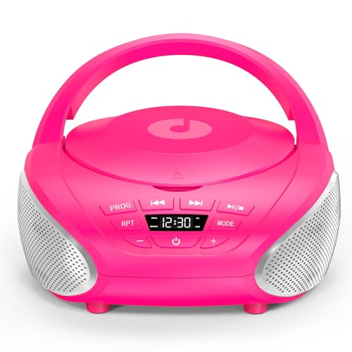Gueray Lecteur CD Portable Boombox Radio CD Compact avec Haut-Parleurs Stéréo Radio FM Entrée AUX 3,5 mm Jack Casque et Écran LCD pour Intérieur Extérieur Voyage & Livres Audio(Rose + Argent)