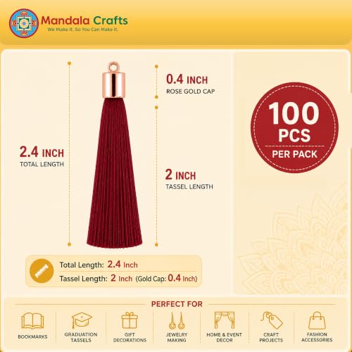 Image of Mandala Crafts Small Rose Gold Tone Cap Maroon Bookmark Tassels with Loops