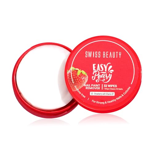 Swiss Beauty Easy-Peasy Nail Polish Remover Wipes | Acetone-Free | 32 Wipes | Hydrating | Travel-Friendly | Shade- 3- Strawberry With Vitamin B7 | 32pcs