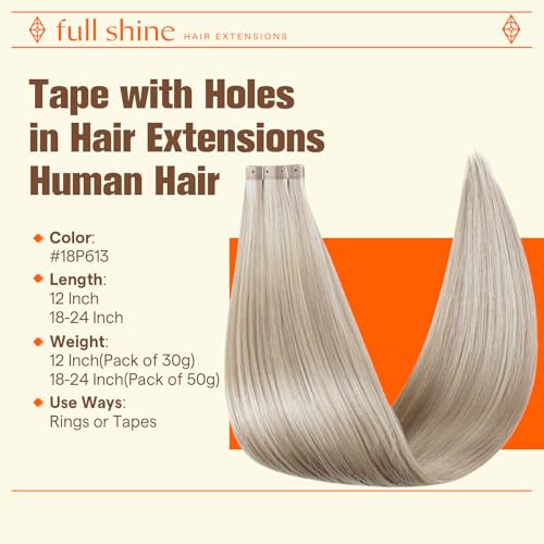 Image of Full Shine Holed Human Hair Tape in Extensions 18P613 Ash Blonde Highlight Blonde 20Pcs 30G Invisible Seamless 12Inch Skin Weft Tape Extensions Human Hair for Women Wedding Soft Remy Hair Extensions