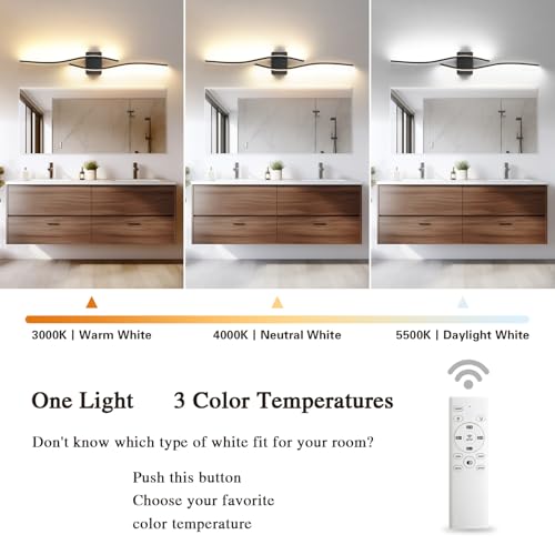 Image of Modern LED Vanity Light with Remote Control, Modern LED Bathroom Light Fixture, Bathroom Vanity Light Fixture Over Mirror, 39.4 inch Black Wall Sconce Lighting