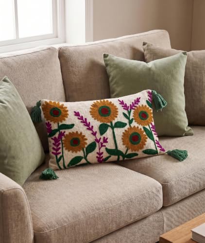 Image of Furnistitchs Boho Rectangle Cushion Cover 12x20 inches | Handmade Decorative Throw Pillow Case | Bohemian Home Decor Sofa Bed Cushion Cover Living Room Bedroom (2, Mustard Floral, 12x20 inches)