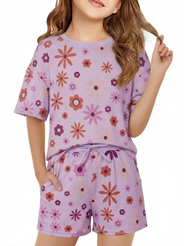 Image of Haloumoning Girls Summer 2 Piece Outfits Kids Oversized T Shirts and Shorts Clothing Sets 5-14 Years