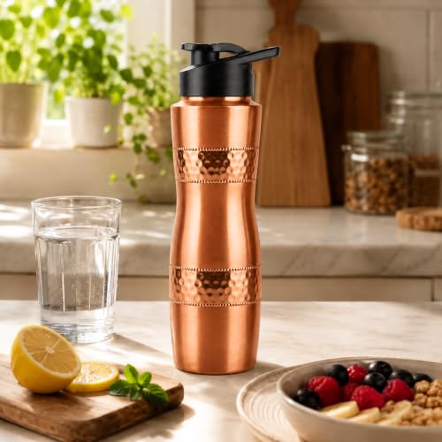 Image of Pure Copper Water Bottle 32 Oz Extra Large Wide Mouth Drinking Bottle | with Cleaning Brush, Leak Proof Ayurvedic Reusable Metal Bottle for Home Gym Office Travel, Brush Copper