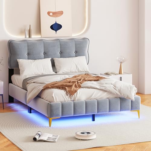 Kebnor Letto imbottito per ragazzi, letto matrimoniale con luci a LED con schienale con rete a doghe, tessuto in velluto, piedini in metallo alti (materasso non incluso) (grigio, 140 x 200 cm)