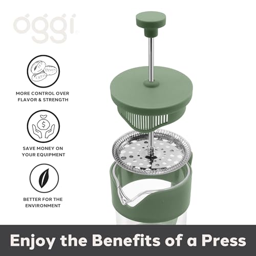Oggi Borosilicate Glass French Press Coffee Maker - 34oz / 8 Cup Capacity, Coffee Press, Single Serve Coffee Maker, Stainless Steel Lid & Plunger, Make Great Coffee Gifts - Green by Oggi - Used condition - Image 5
