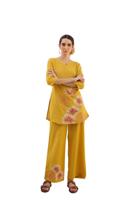 Women's Yellow Embroidered Cotton Co-ord Set-image-41