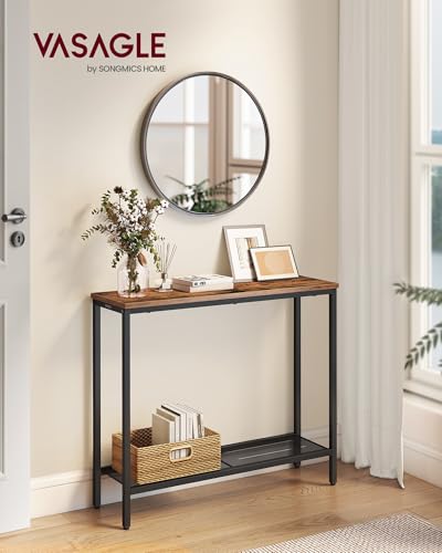 Image of VASAGLE 31.5 inch Console Table, Narrow Behind Couch Table, 2 Tier | BARNET Collection, One Piece Top, Steel Frame, for Entryway, Living Room, Modern, Rustic Brown and Ink Black ULNT036KD01S