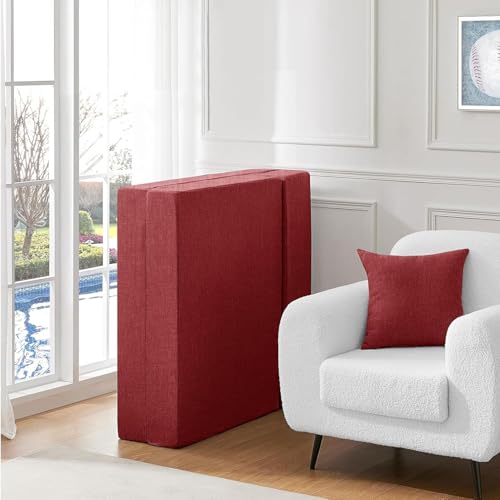 Image of Los Angeles Foldable Two Seater Sofa Cum Bed, Sofa Bed 4 X 6 Feet, Jute Fabric- Washable Cover- Including Two Cushion Perfect for Home & Office, Guest Room -Red Color