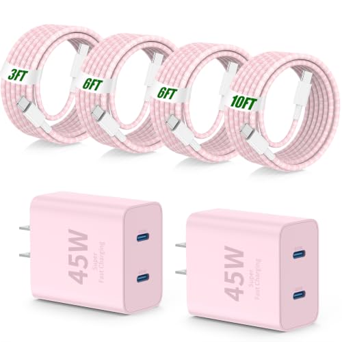 Image of 45W Super Fast Charger Type C for Samsung Galaxy S20 Ultra to S25 Ultra,Dual Port PD Quick Charging 3.0 USB C Block & 3 /6 /10 /10FT Braided Type C Cord for Samsung S22+ to S26+ /iPhone 16 Pro Max-Pink