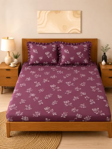Image of King Size Fitted Bedsheet for Double Bed | 300 TC Cotton Feel Microfiber | All Around Elastic with 2 Frill Pillow Covers | Soft & Durable | (Design4, Fitted -60x78 Queen)
