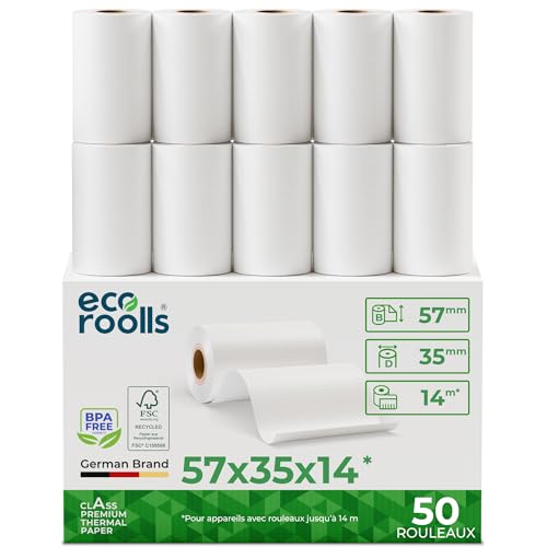 ECO ROOLLS® - Rouleau TPE Carte Bancaire 57x35x12 - Papier Rouleaux TPE - Rouleau CB thermique 57mm - sans BPA - Bobine papier thermique 57mm x 14m x 12mm -...