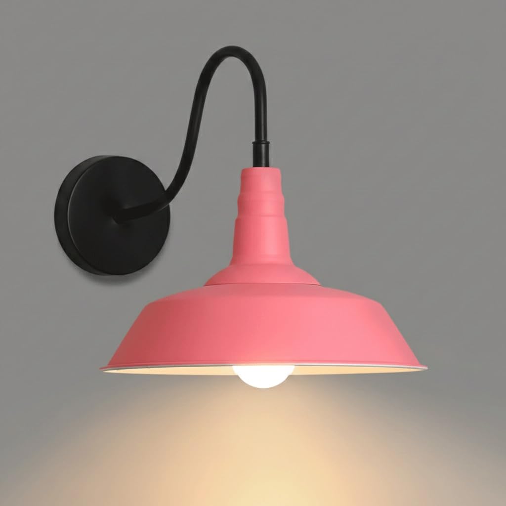 IvyLoutish Modern Industrial Barn Wall Sconce, Colorful Farmhouse Gooseneck Wall Light with Metal Umbrella Shade, Vintage Fixture for Restaurant Bar BBQ Shop Kitchen Decor, E26/E27(Pink)