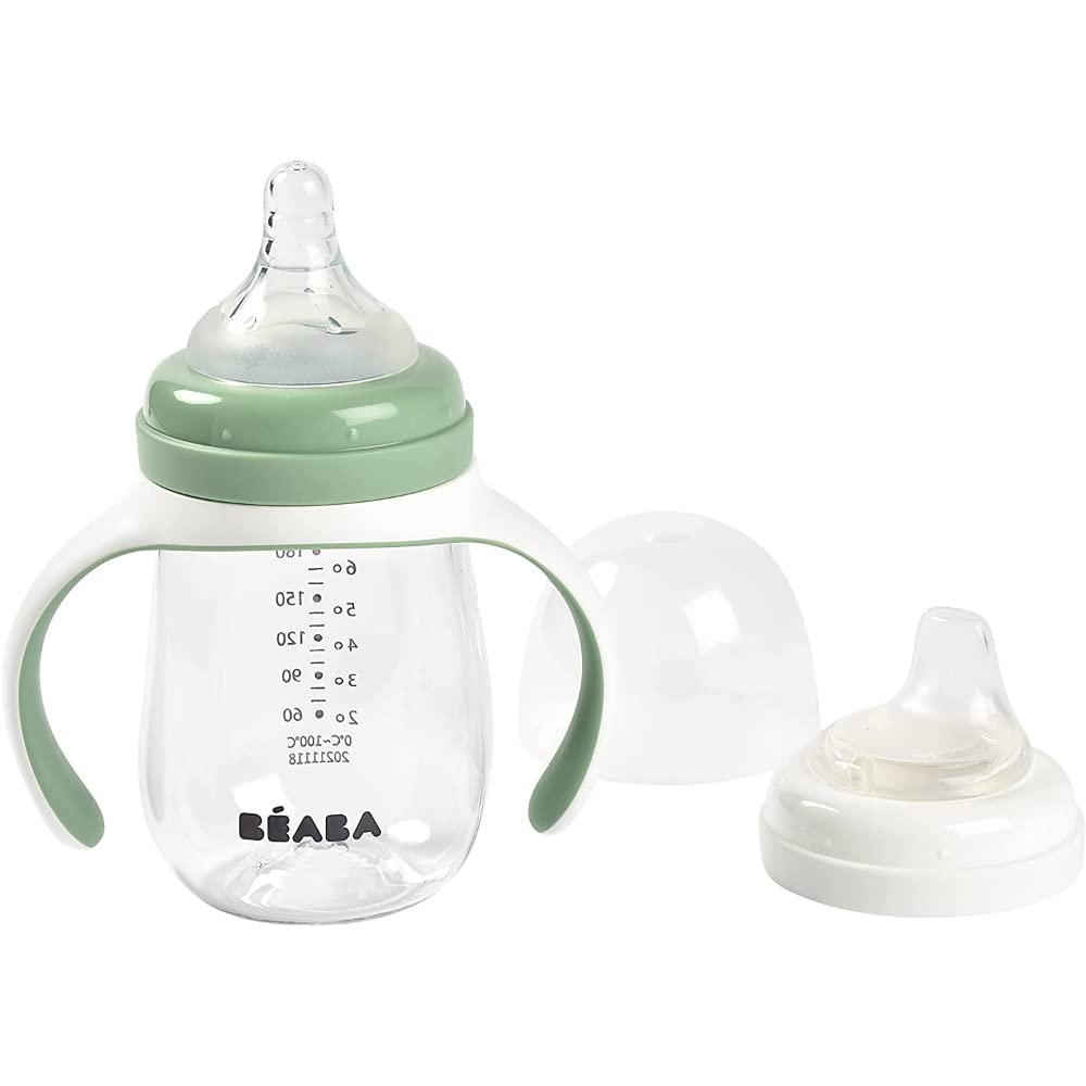 Beaba 2-in-1 Learning Bottle, Converts from Spout to Sippy Cup with Straw, Feeding Bottle for Self-feeding with Handle, Leak and Spill Proof, BPA-free, Easy-to-clean, Lightweight, Sage Green, 230 ml