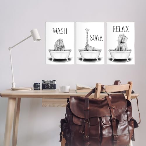 Image of Jungle Animals Bath, 10 x 15 Inch Mounted Print on Wall Plaque Set | Stupell Industries . By Rachel Nieman . Ready to hang . Great for bathroom decor . Made in USA