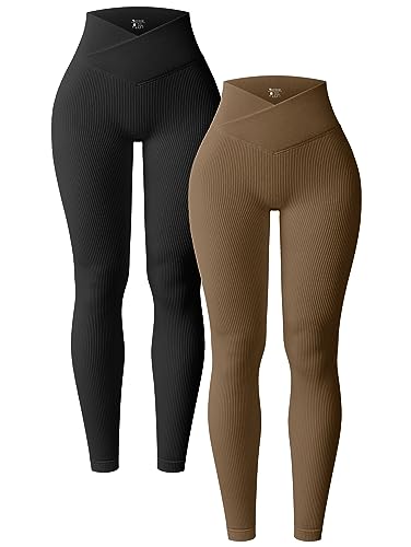 OQQ Women's 2 Piece Yoga Leggings Ribbed Seamless Workout High