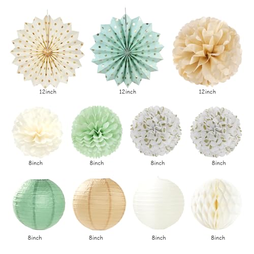 Sage-Green Champagne-Beige Baby Shower Party-Decorations - 21pcs Girls Boy Welcome Baby Banner,Paper Lanterns Pom Poms,Safari Woodland Boho Neutral Streamers Garland Decor Favors Huglony by huglony - Used condition - Image 2