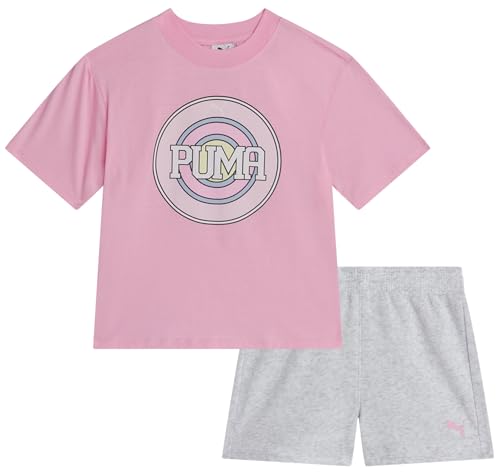 PUMA Girls Athletic Shorts Set - 2 Piece Active Performance TShirt and Gym Bike Kids Shorts Girls Activewear Set (7-14), Size 7-8, Pink/Grey