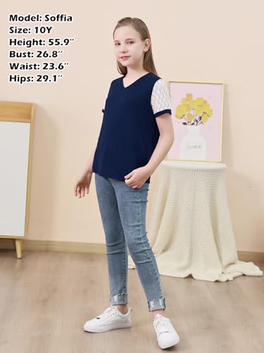 Image of GORLYA Girls Lace Sheer Sleeve Contrast T-Shirt Short Sleeve V Neck Casual Modest Tee Tops for 6-16Y