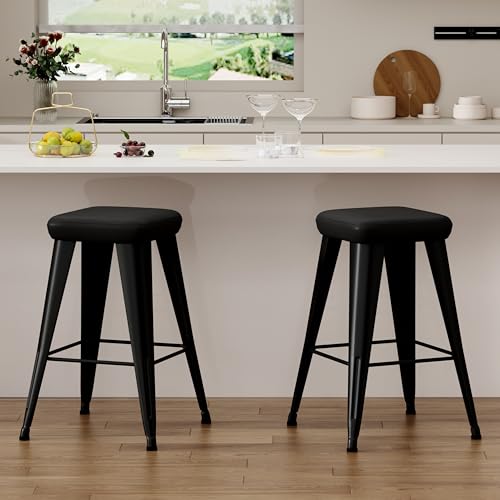 Image of Yongchuang Black Bar Stools Set of 2, 24 inch Upholstered Counter Stools with Metal Legs PU Leather Modern Backless Kitchen Barstools