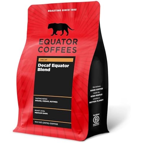 Equator Coffees, Equator Blend Decaf Ground Coffee, Medium Dark Roast, Fresh Roasted, Smooth Chocolate Nutmeg Flavor Notes, Sustainable, Decaffeinated Water Process, 10.5 oz Bag Cover