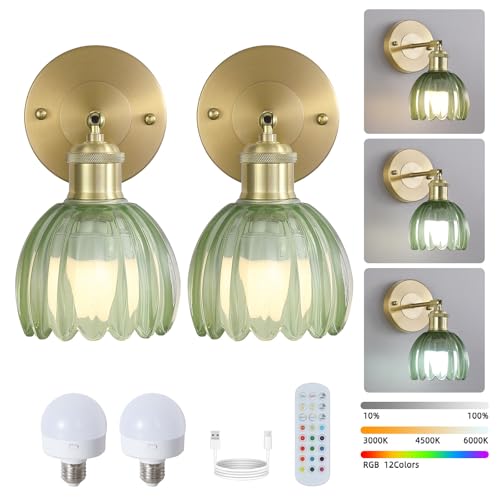 Image of Vintage Battery Operated Wireless Wall Sconces, Rechargeable Gold Wall Lights，Green Tulip Glass Lampshad With Remote Dimmable Wall Lighting Indoor, Led Wall Lamp Fixtures For Bedroom, Living Room