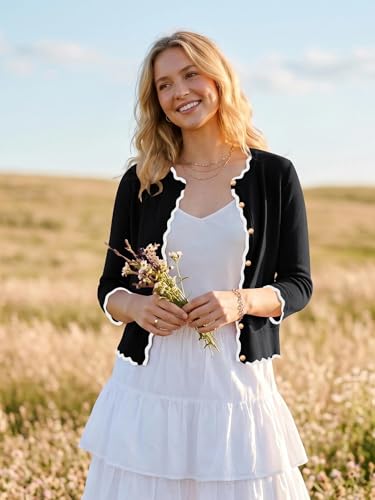 Spring Summer 2026 Women's Scalloped Knit Cardigan Sweaters  Sleeve Crop Crewneck Button Down Shrug - image 7