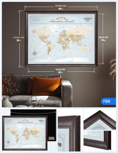 Image of IPIC - Framed World Map Wall Art, Custom Push Pin World Map with Names and Message on, Personalized Oversized Canvas Print Wall Decor for Home, Office, Study or RV, Ready to Hang