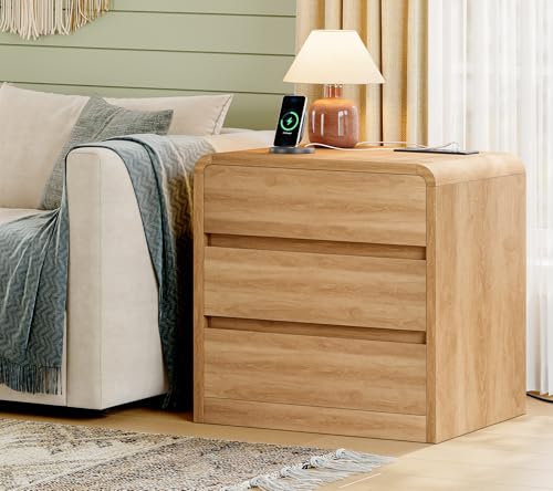Image of TEENFON Nightstands Set of 2, Night Stand with 3 Storage Drawer and Charging Station, Modern End Tables Wide Night Stands for Bedroom Sofa Couch Home Office, Natural
