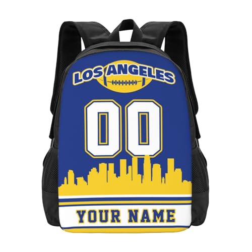 Blinshir Custom Football Backpack Personalized Los Angeles R Backpack with Name Number Customized Large Capacity Casual Sports Bookbag Gifts for Fans Hiking Camping Travel