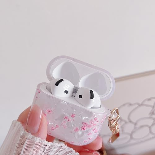 Image of MINSCOSE for Girly Glitter AirPods 4 Clear Case,Cute Shell Pattern Flower Design with Trendy Floral Keychain,Soft TPU Protective Cover with Cleaner Kit for AirPods 4th Generation-Pink