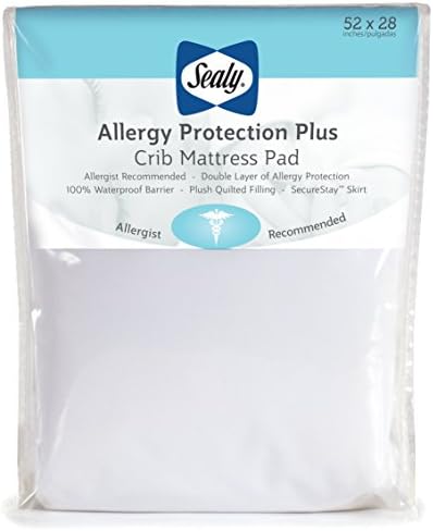 Sealy Allergy Protection Plus Waterproof Fitted Toddler Bed and Baby Crib Mattress Pad Cover Protector, Noiseless, Machine Washable and Dryer Friendly, 52" x 28" - White