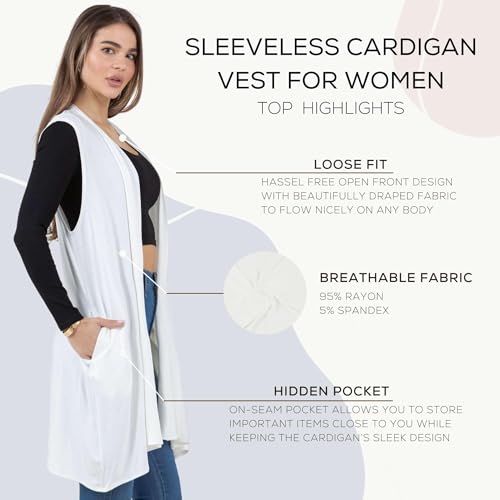 Image of Azules Sleeveless Long Cardigan for Women with Pockets - Lightweight Open Front, Flowy Dressy Layer for Work or Casual Wear