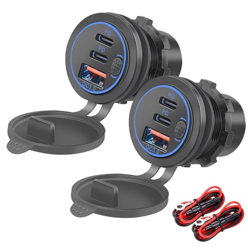 Intckwan 12V, 75W, PD och QC3.0 USB-uttag för motorcykel, 12-24V vattentät USB-uttag med strömbrytare och LED-ljus blå, för bilar, båtar, lastbilar, husvagnar, motorcyklar (2 delar)