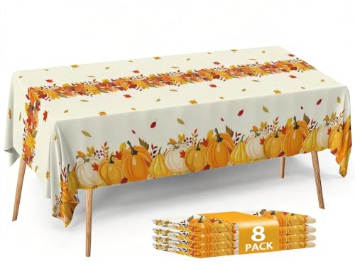 Image of ATFUNSHOP Fall Plastic Tablecloth 8 Packs Thanksgiving Disposable Table Cloth 54x108 Rectangle Table Cover with Pumpkin & Maple Leaf for Holiday Dinner Party Decorations Outdoor Picnic & Baby Showers
