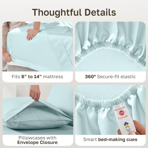Image of California Design Den Queen Sheet Set - Natural 100% Cotton Sheets Queen Size Bed Set with Deep Pockets, Soft Sateen Weave, Breathable and Durable Bedding (Seafoam)