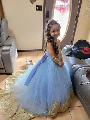 Gold Lace Flower Girl Dresses for Wedding Applique Tulle Elegant Long Princess First Communion Dresses3