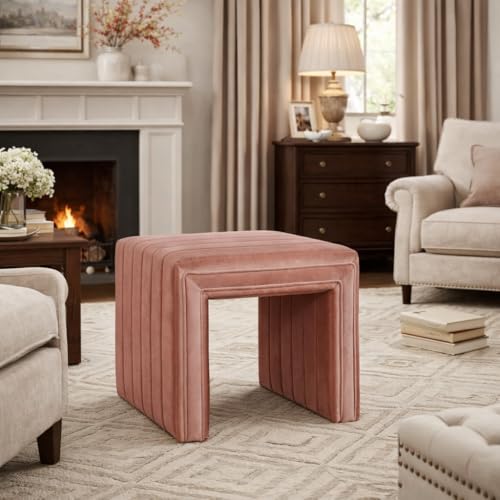 Image of HomePop 19 inch Modern Channel Tufted Velvet Ottoman - Blush Pink