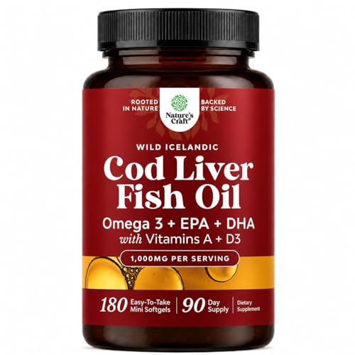 Icelandic Cod Liver Oil Softgels - Wild Caught Omega 3 Fish Oil 1000mg per serving - Sustainably Sourced Burpless Fish Supplement with Vitamin D3 & A for Heart Joint Brain & Immune Support - 180 Count
