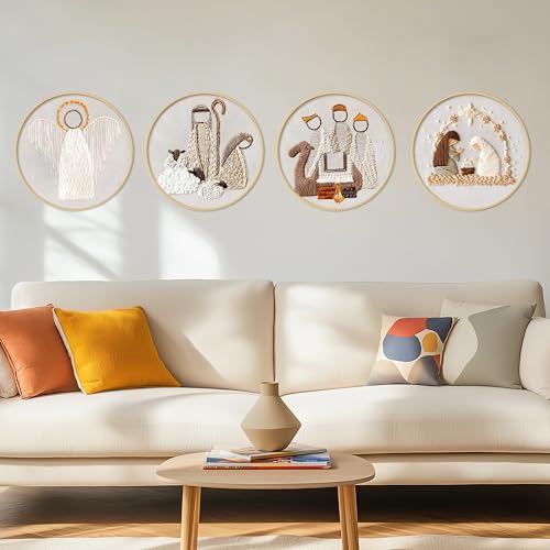 Image of KEKEMEOW 4 Pack Nativity Scene Embroidery Starters Kit for Beginners Embroidery Starting Sets for Adults with Stamped Patterns Colorful Threads Step by Step Instructions Hoop Needles Tools