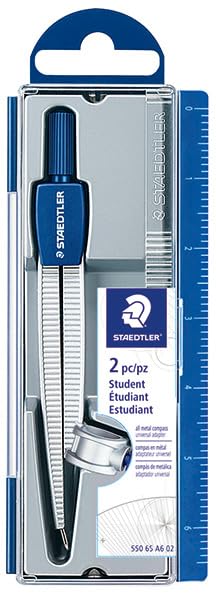 STAEDTLER Advanced Student Compass 2 Piece Set - Metal Compass with Quick-Set Center Wheel, Universal Adapter & Spare Lead, Draws Circles up to 10.25"