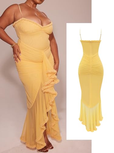 Image of meilun Elegant Mesh Wedding Guest Dress Flowy Ruffle Bodycon Maxi Dress Fishtail Long Formal Dress