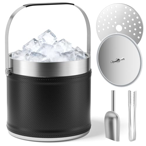 3.2 L Insulated Ice Bucket with Lid & Tongs & Scoop & Melt Filter, Champagne Bucket, Double Wall Stainless Steel Ice Bucket with Leather Case, Suitable for Cocktails & Wine & Beer