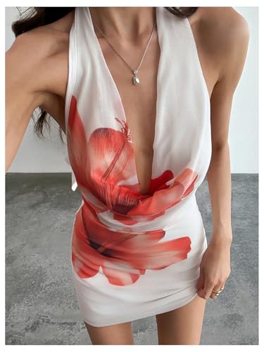 Milumia Women's Floral Mesh Draped Halter Mini Dress Sexy Deep V Neck Backless Short Dress4