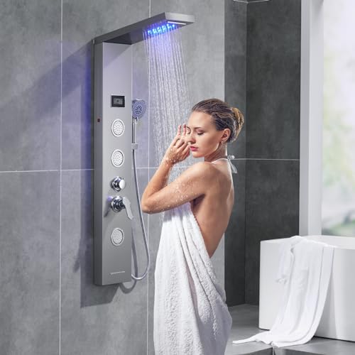 Auralum Columna Ducha Hidromasaje con luz LED y LCD, Sistema de Ducha Acero Inoxidable 5 Función con Chorros de Masaje, Panel de Ducha para Baño