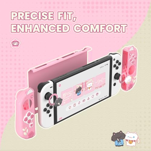 Image of playvital Protective Case for Nintendo Switch OLED with Extra Stand - Cherry Blossoms Kitten Dockable Hard Shell Cover + Silicone Grips for Switch OLED with Thumb Grips, Shockproof - Pink