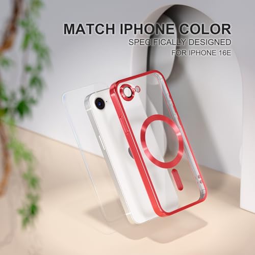 Image of Misea Magnetic for iPhone 17e / 16e Case Compatible with MagSafe Red | [Never Yellowing] [Military Drop Protection] Full Camera Lens Protector Plating Soft Clear Phone Case for Women, Red