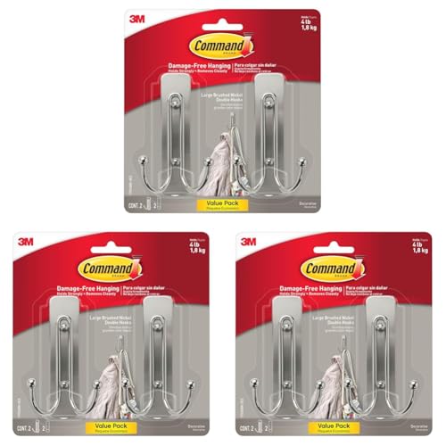 Image of Command Large Brushed Nickel Double Hooks, 2 Hooks and 2 Strips, Damage Free Hanging Wall Hooks with Adhesive Strips, No Tools Coat Hooks for Hanging Home Decor, Holds up to 4 lb (Pack of 3)